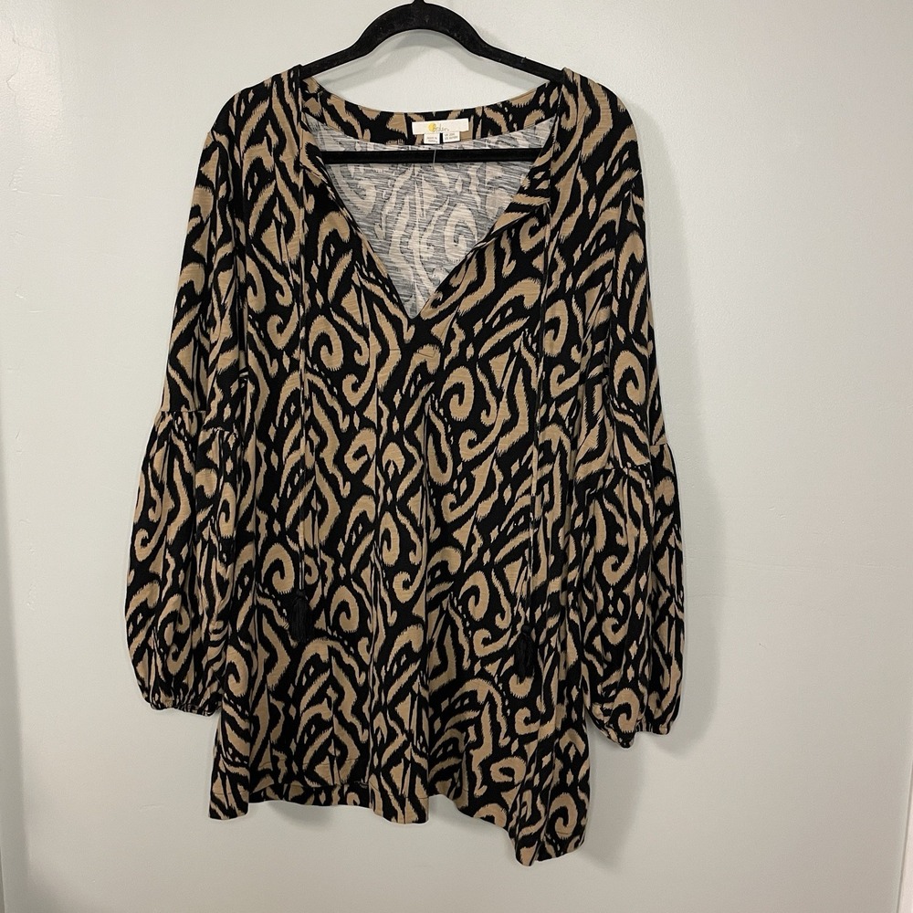 Boden Ikat Print Tassel Tie Peasant Blouse Tan Black Cotton Top‎ Size 16/18R